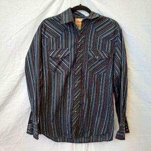 Vintage Wrangler western snap shirt in black and blue stripes, size medium